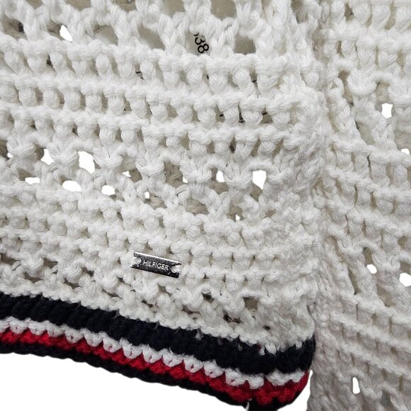 Tommy Hilfiger Women's White Crew Neck Crochet Open Knit Sweater - Picture 6 of 8